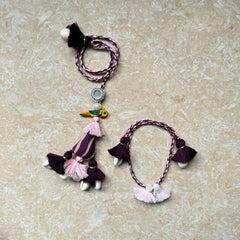 Set of 2 Handmade Rakhis - Purple and Pink with Tassels and Button Detail (For Brother and Sister-in-Law)