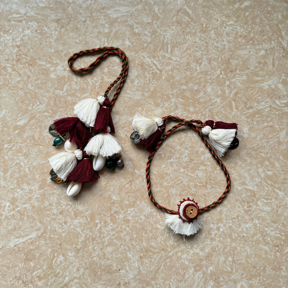 Set of 2 Handmade Rakhis -Traditional colors with Handwork Detail (For Brother and Sister-in-Law)