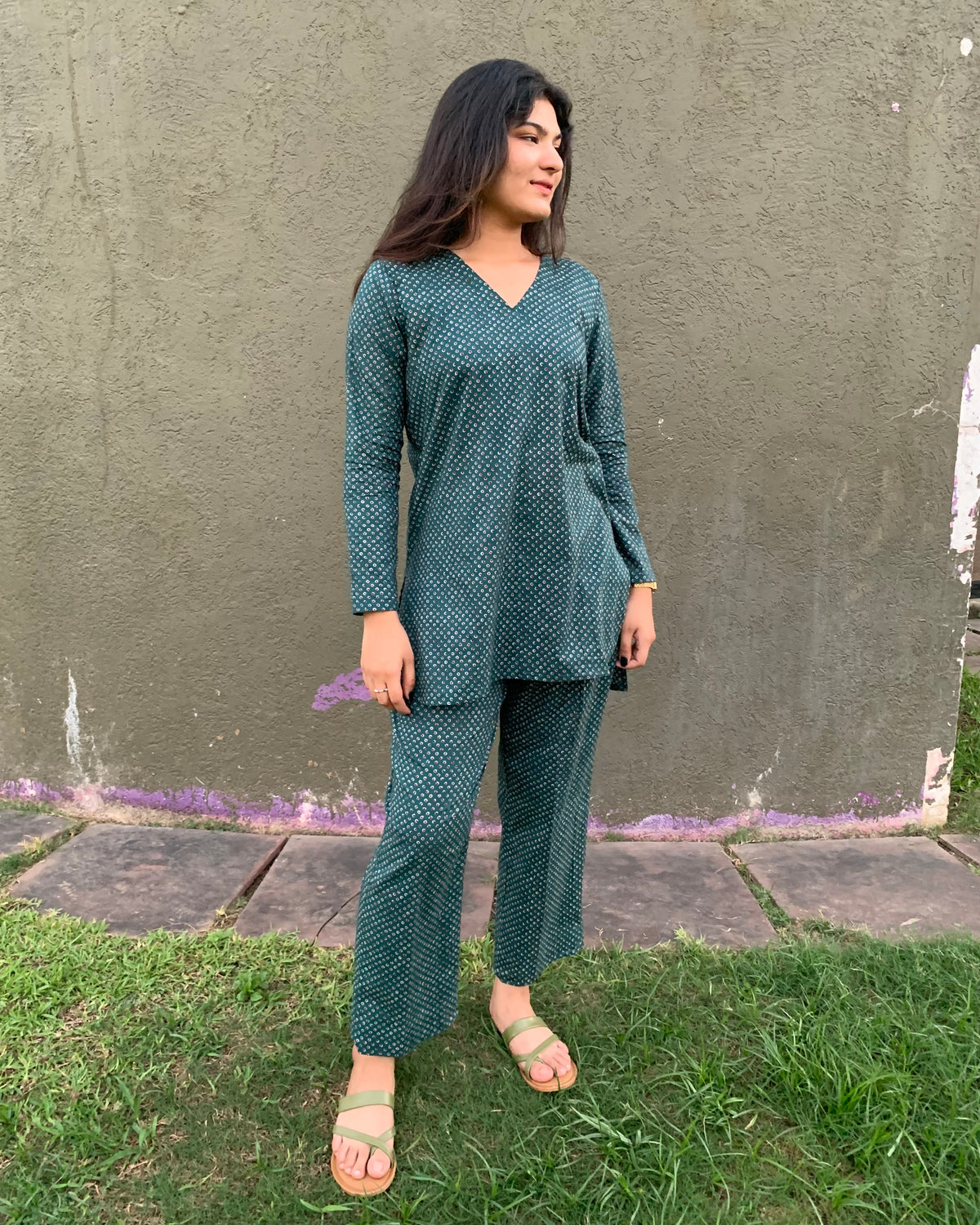 Bandhani pure cotton co-ord set in bottle green/black, featuring a V-neck top with full sleeves and matching pants, ideal for casual days or brunch