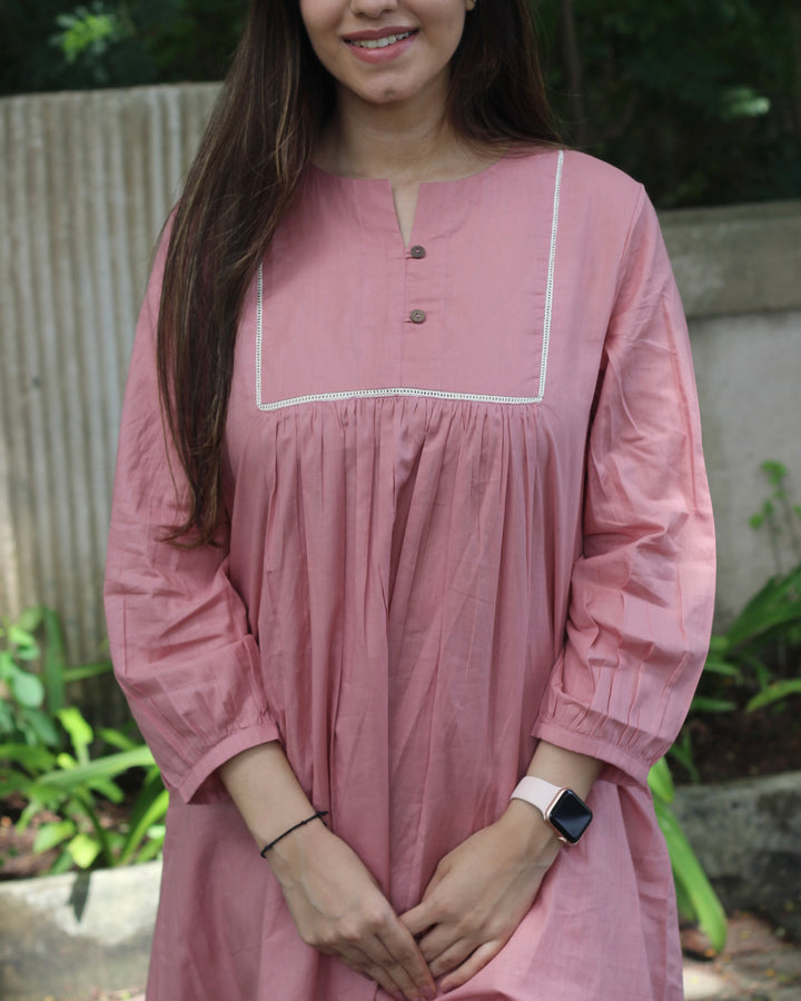 Premium Cotton Pastel Pink Long Kurta with Pleated Neck