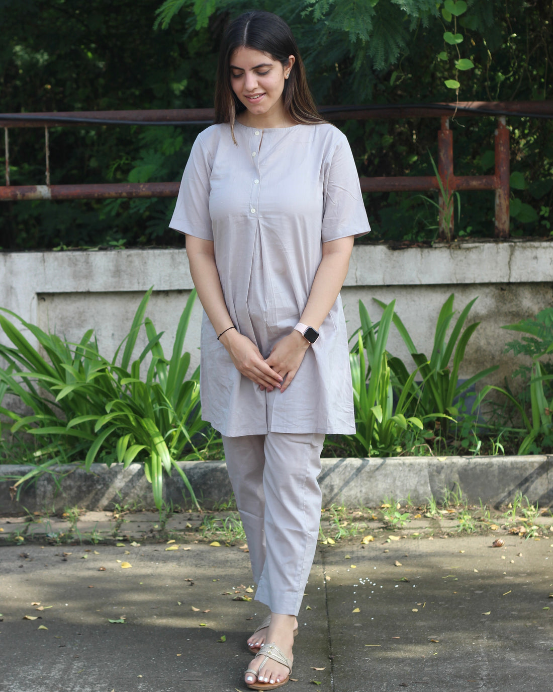 Premium Cotton Grey Lounge Set - Short Shirt for Youth and Long Top for Adults, with Comfortable Pants and Pockets