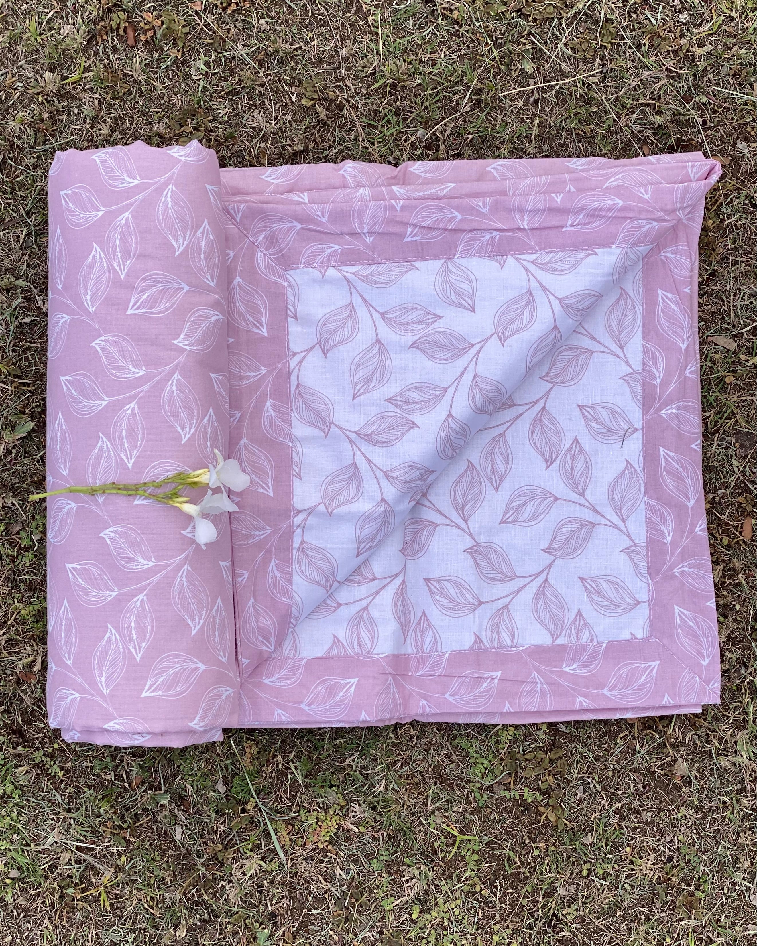 White & Pink Leaf Reversible Dohar with Subtle Pink Leaf Print and White Leaves on Pink Border