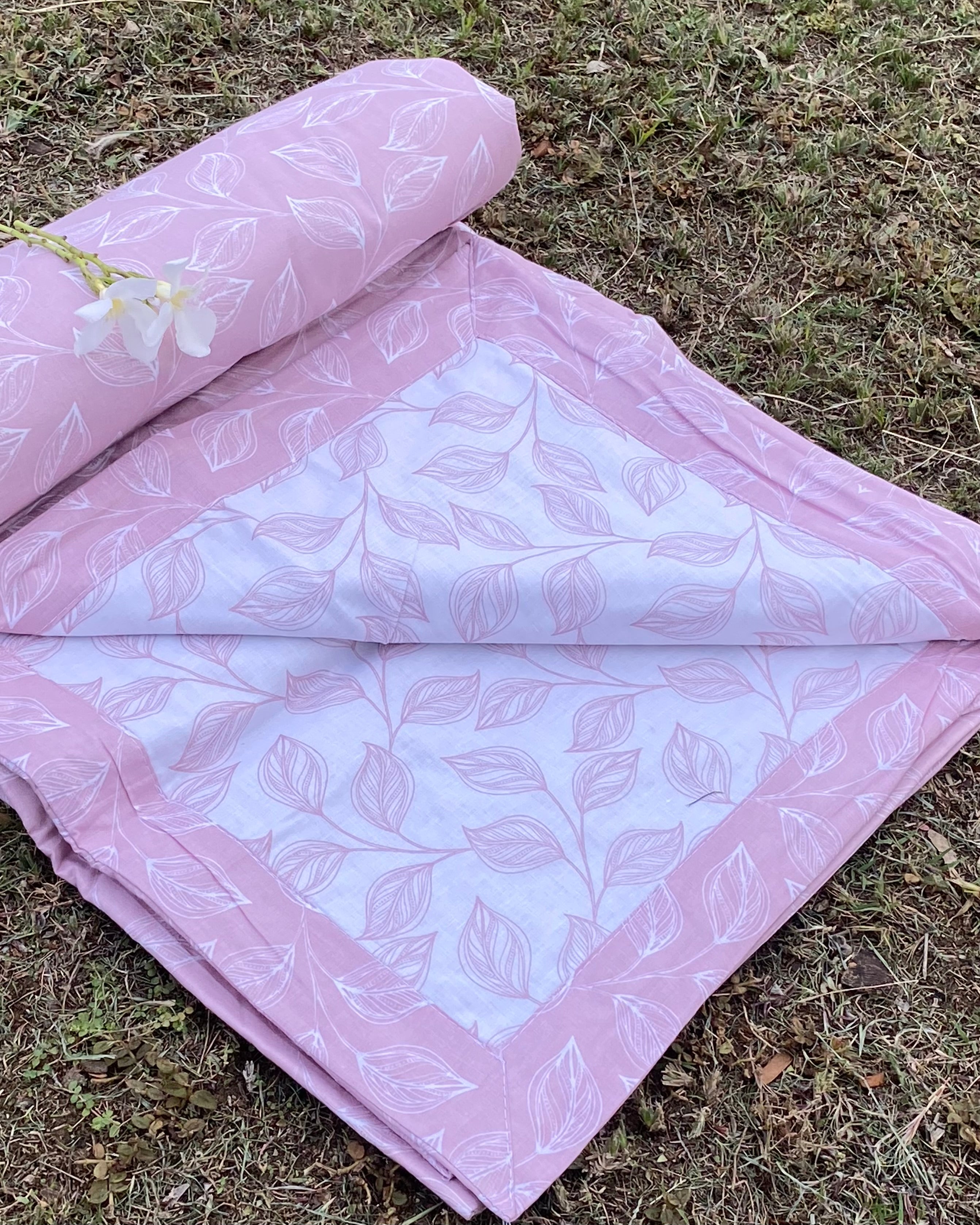 White & Pink Leaf Reversible Dohar with Subtle Pink Leaf Print and White Leaves on Pink Border