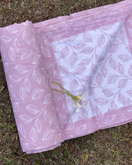 White & Pink Leaf Reversible Dohar with Subtle Pink Leaf Print and White Leaves on Pink Border