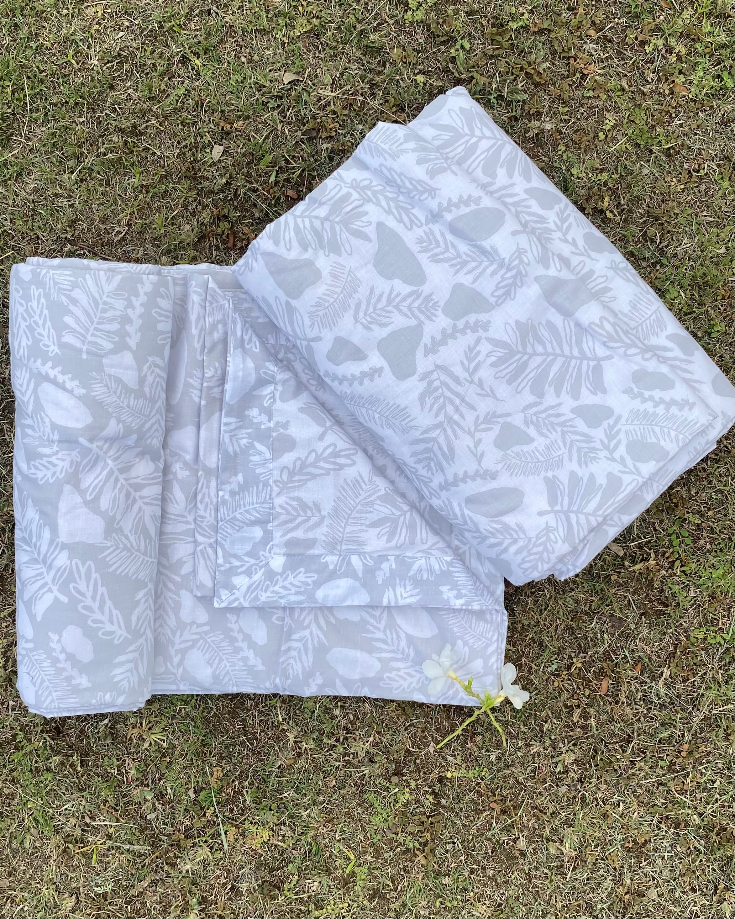 Set of 2 Reversible Dohars - Grey Filled Floral Print on White Base and White Filled Floral Print on Grey Base, each measuring 1.5 x 2.3 meters