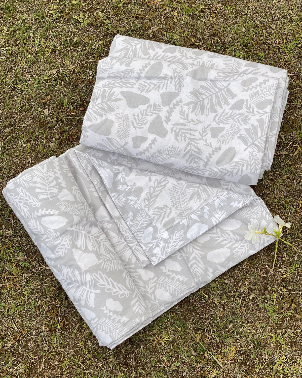 Set of 2 Reversible Dohars - Grey Filled Floral Print on White Base and White Filled Floral Print on Grey Base, each measuring 1.5 x 2.3 meters