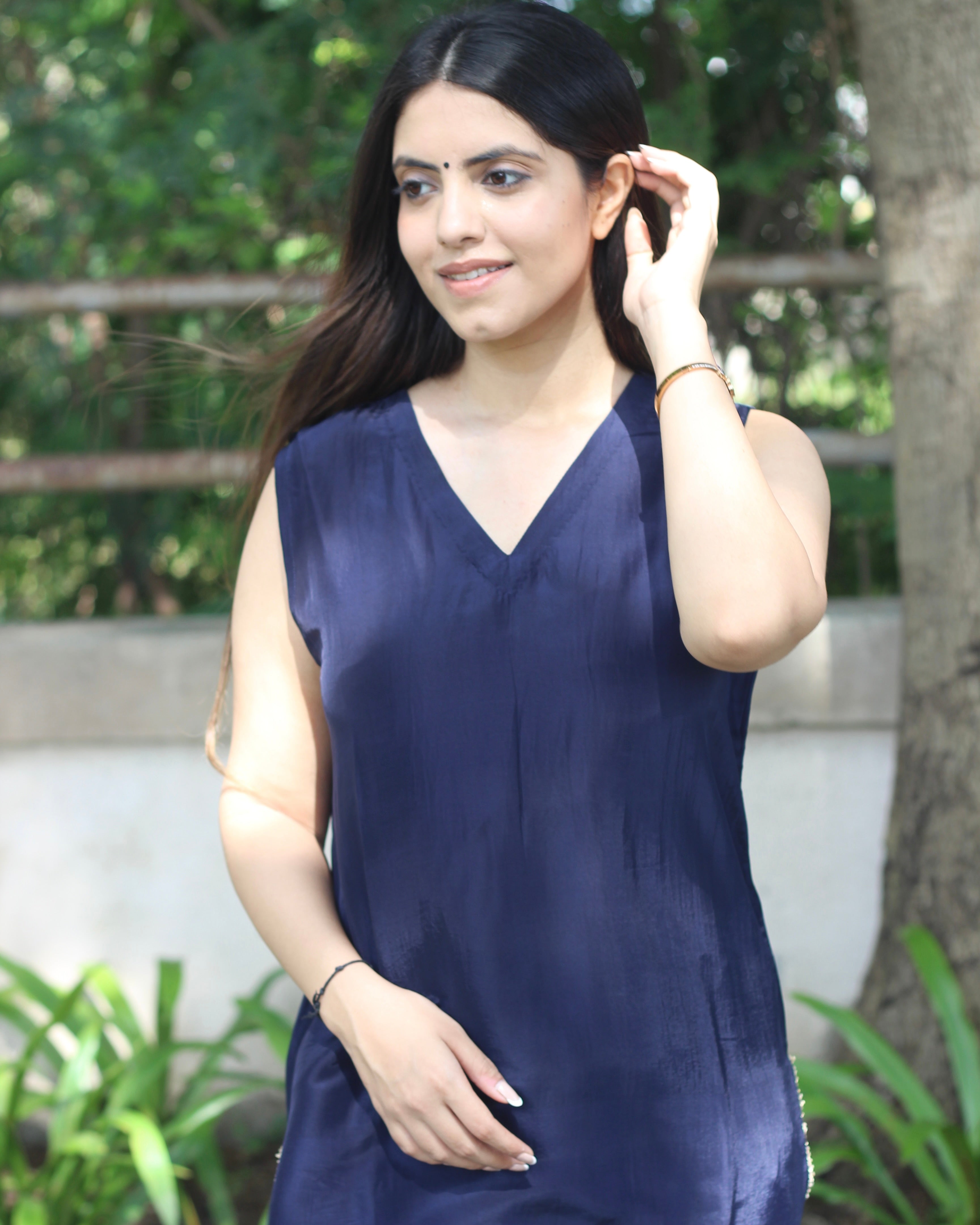 Dark Blue Uppada Silk Kurta Set with Lace Details 