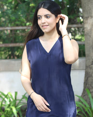 Dark Blue Uppada Silk Kurta Set with Lace Details 