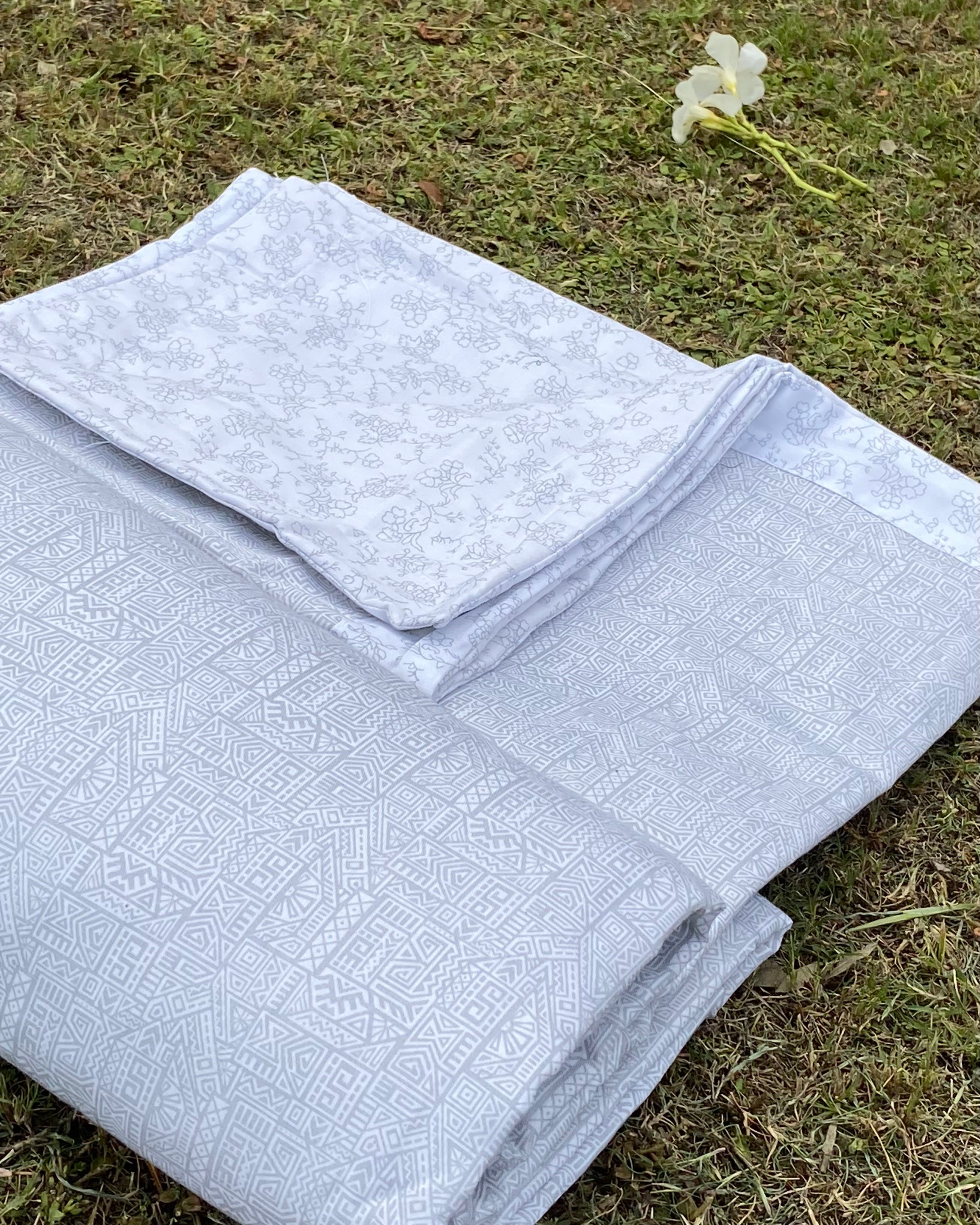 Set of 2 Reversible Dohars - Grey Small Floral Print on White Base and Grey Geometric Print on White Base, each measuring 1.5 x 2.3 meters