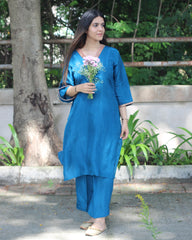 Teal Blue Uppada Silk Kurta Set with Copper Zari and Rani Pink Lace