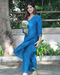 Teal Blue Uppada Silk Kurta Set with Copper Zari and Rani Pink Lace