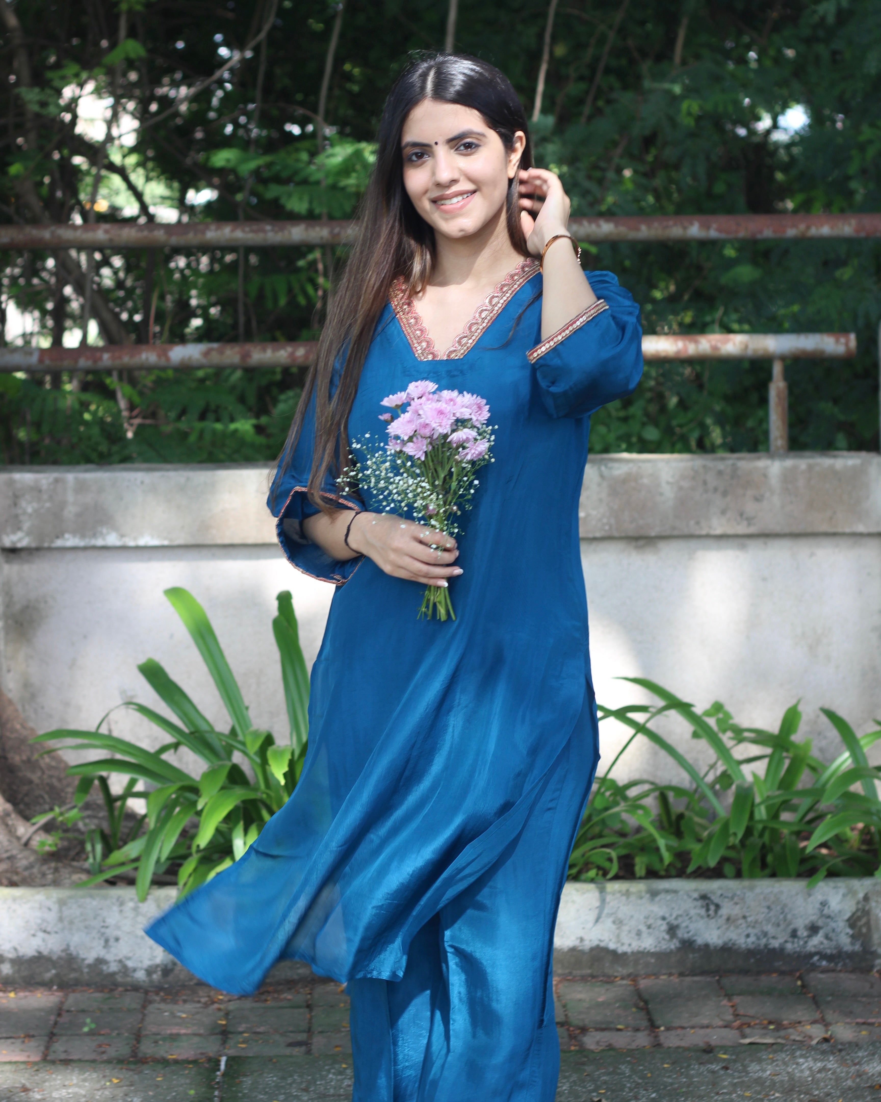 Teal Blue Uppada Silk Kurta Set with Copper Zari and Rani Pink Lace