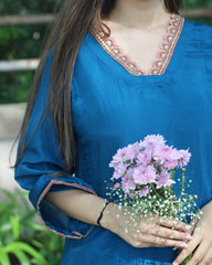 Teal Blue Uppada Silk Kurta Set with Copper Zari and Rani Pink Lace