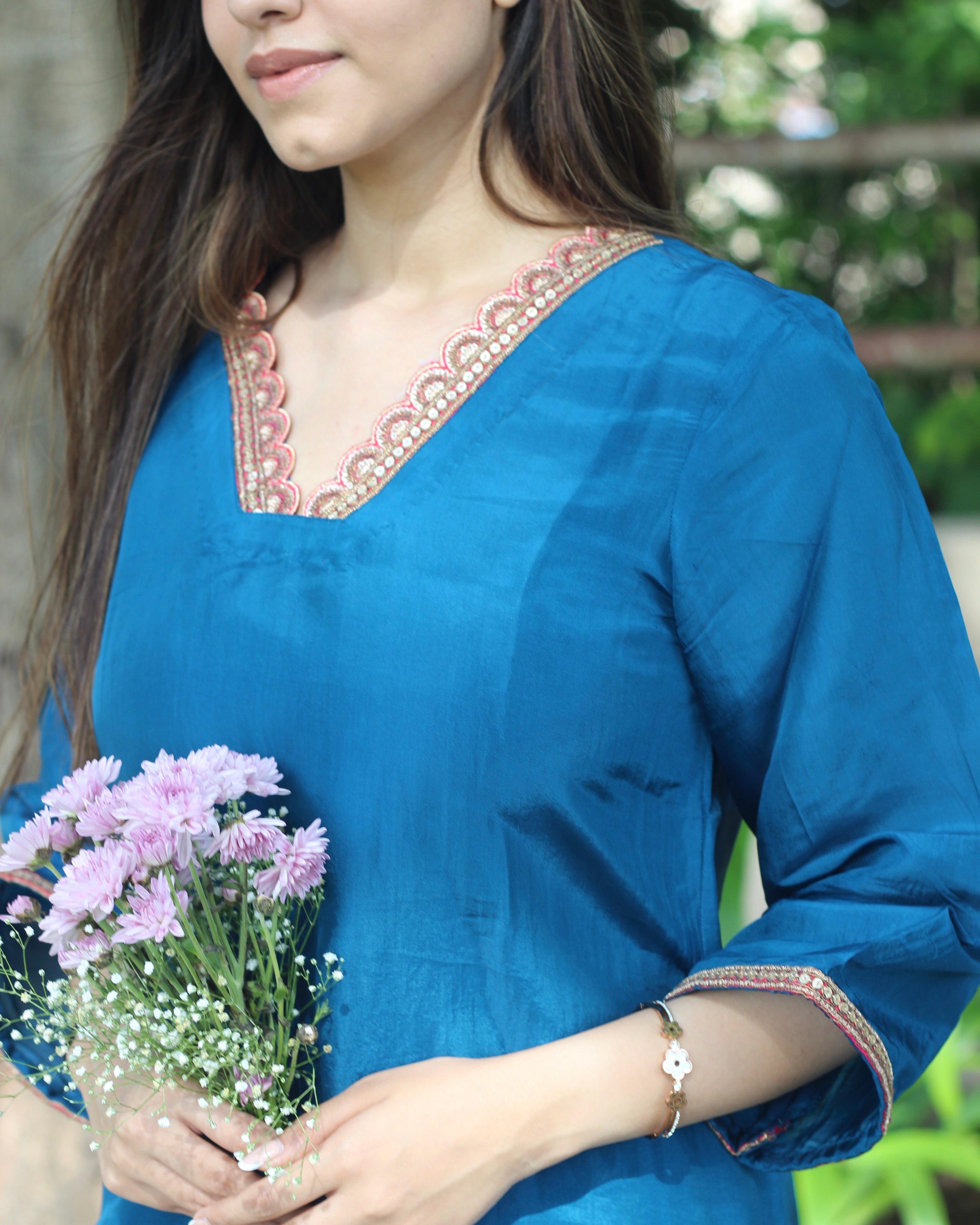 Teal Blue Uppada Silk Kurta Set with Copper Zari and Rani Pink Lace