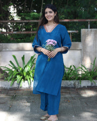 Teal Blue Uppada Silk Kurta Set with Copper Zari and Rani Pink Lace