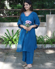 Teal Blue Uppada Silk Kurta Set with Copper Zari and Rani Pink Lace