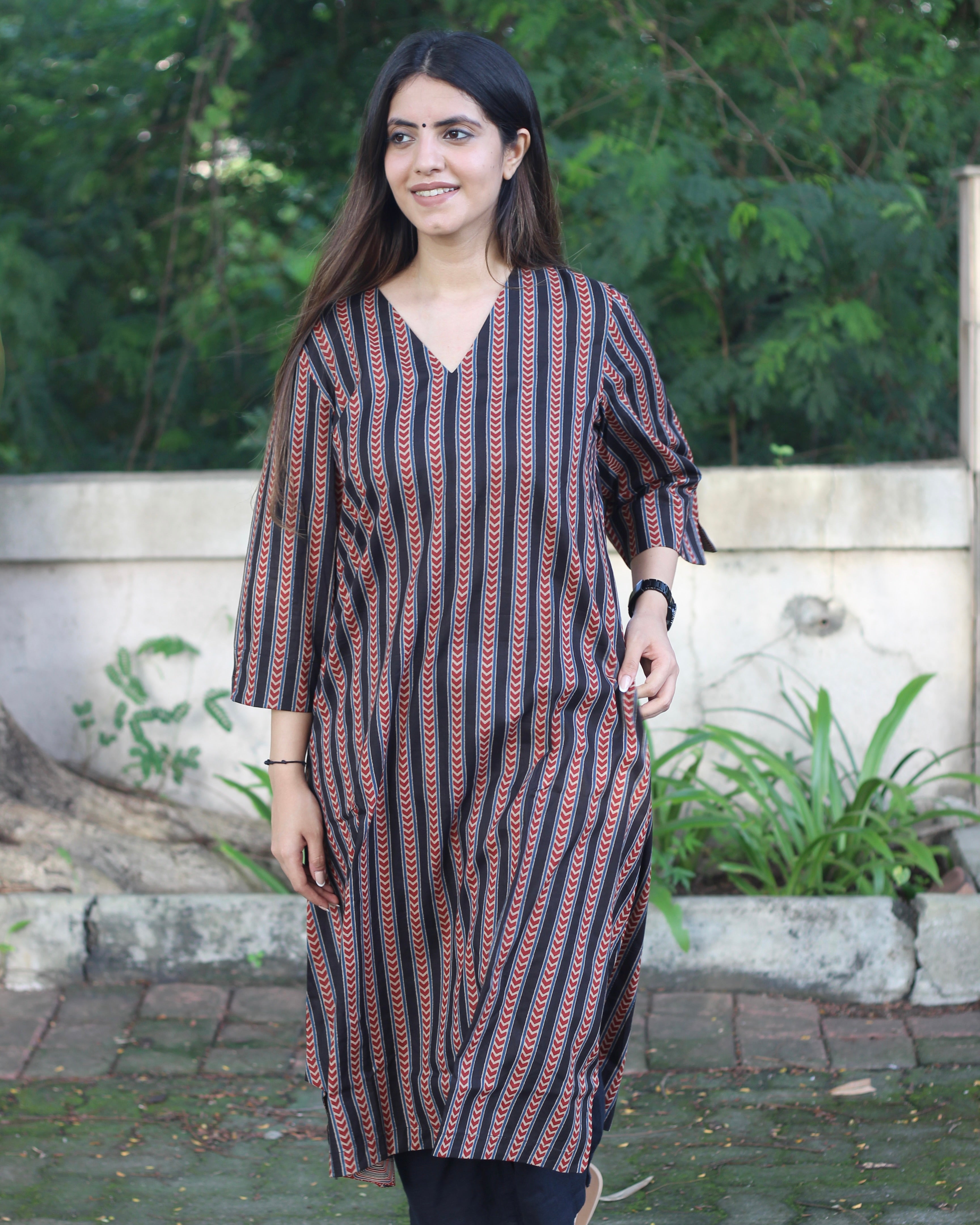 Pure Cotton Ajrakh Stripe Printed Kurta