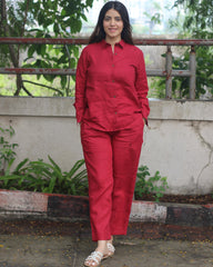 Bebo's Cherry Red Premium Linen Co-ord Set - Celebrity-Inspired Shirt and Pants, Chic and Affordable