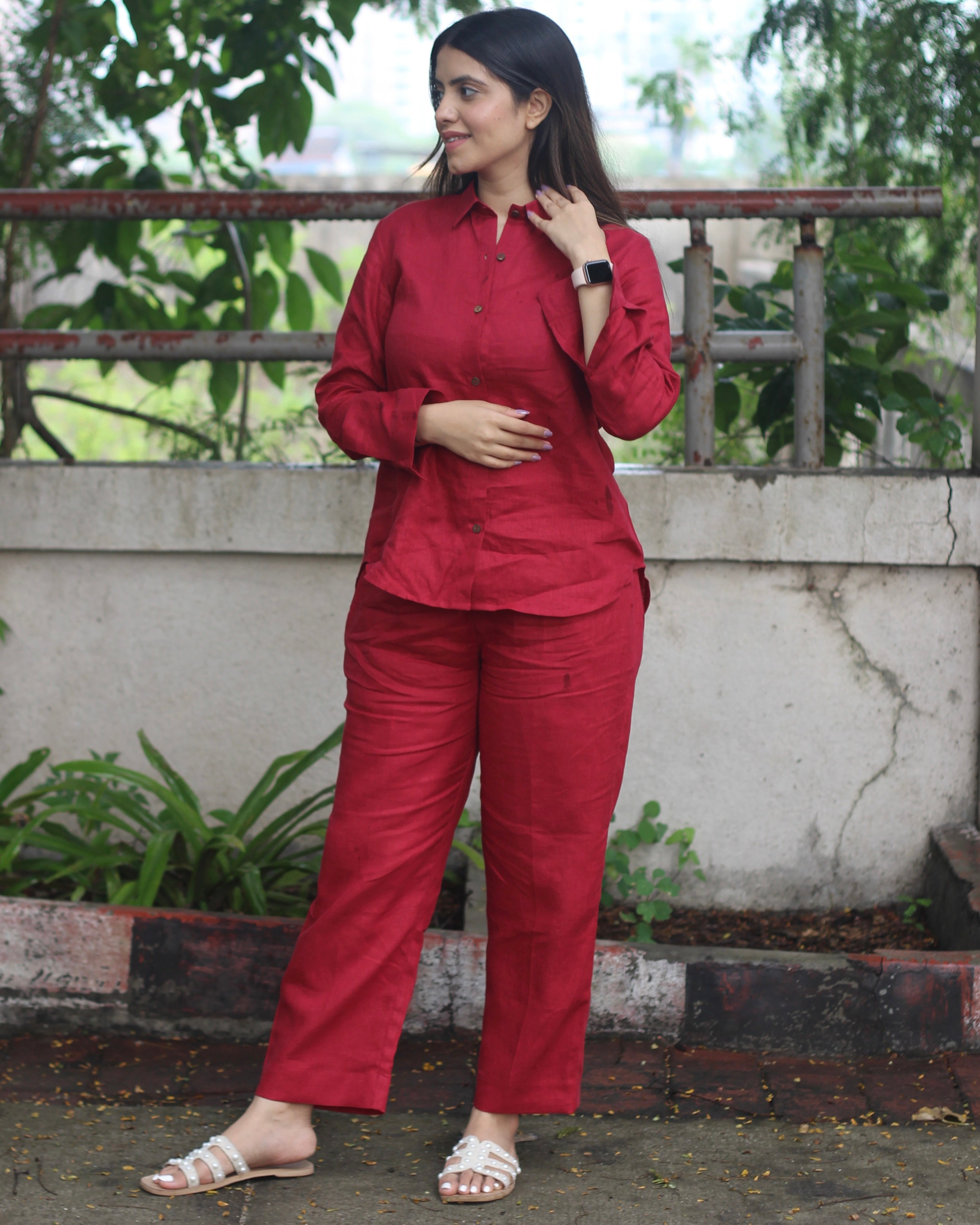 Bebo's Cherry Red Premium Linen Co-ord Set - Celebrity-Inspired Shirt and Pants, Chic and Affordable