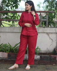 Bebo's Cherry Red Premium Linen Co-ord Set - Celebrity-Inspired Shirt and Pants, Chic and Affordable