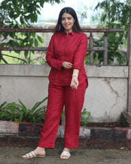 Bebo's Cherry Red Premium Linen Co-ord Set - Celebrity-Inspired Shirt and Pants, Chic and Affordable