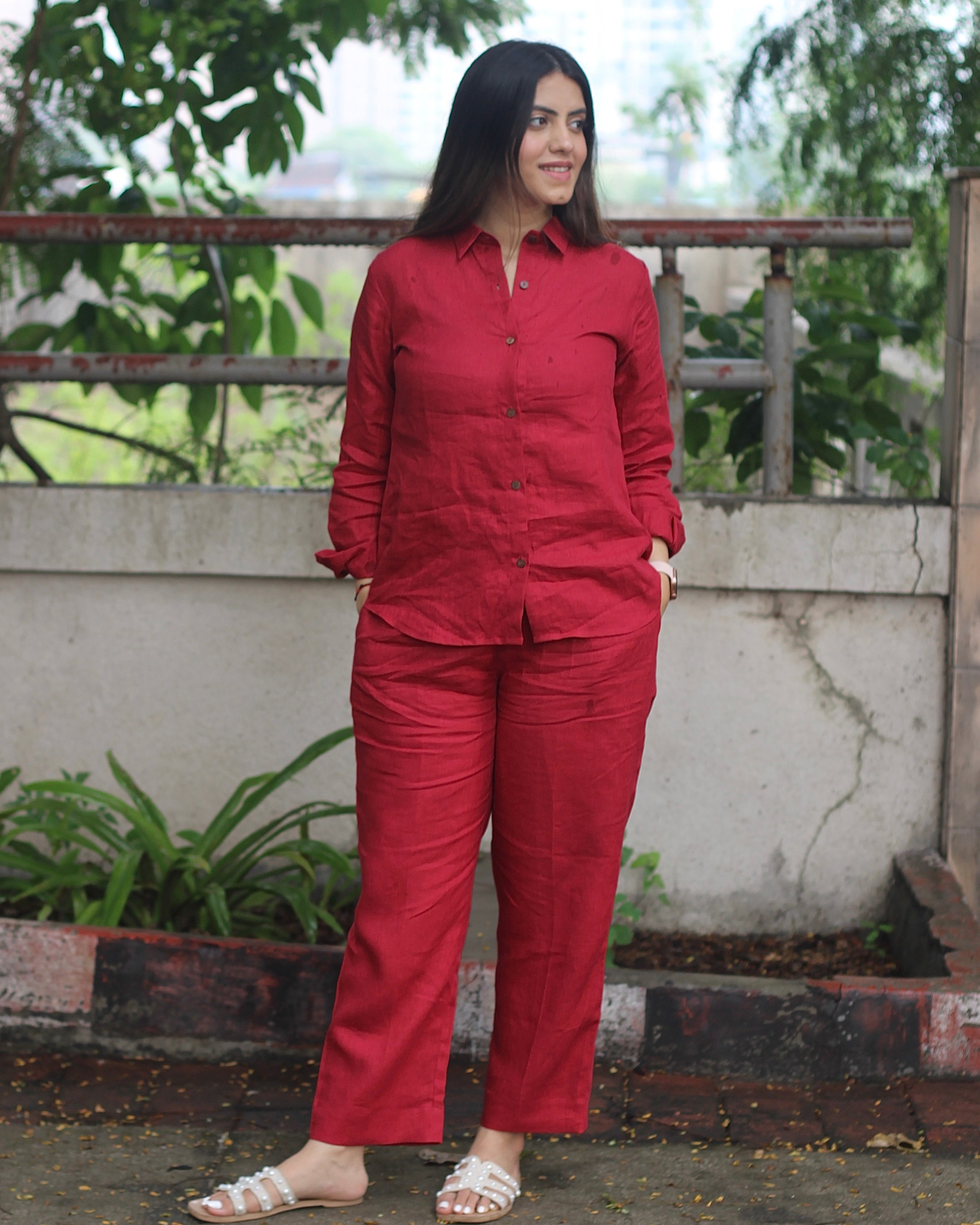 Bebo's Cherry Red Premium Linen Co-ord Set - Celebrity-Inspired Shirt and Pants, Chic and Affordable