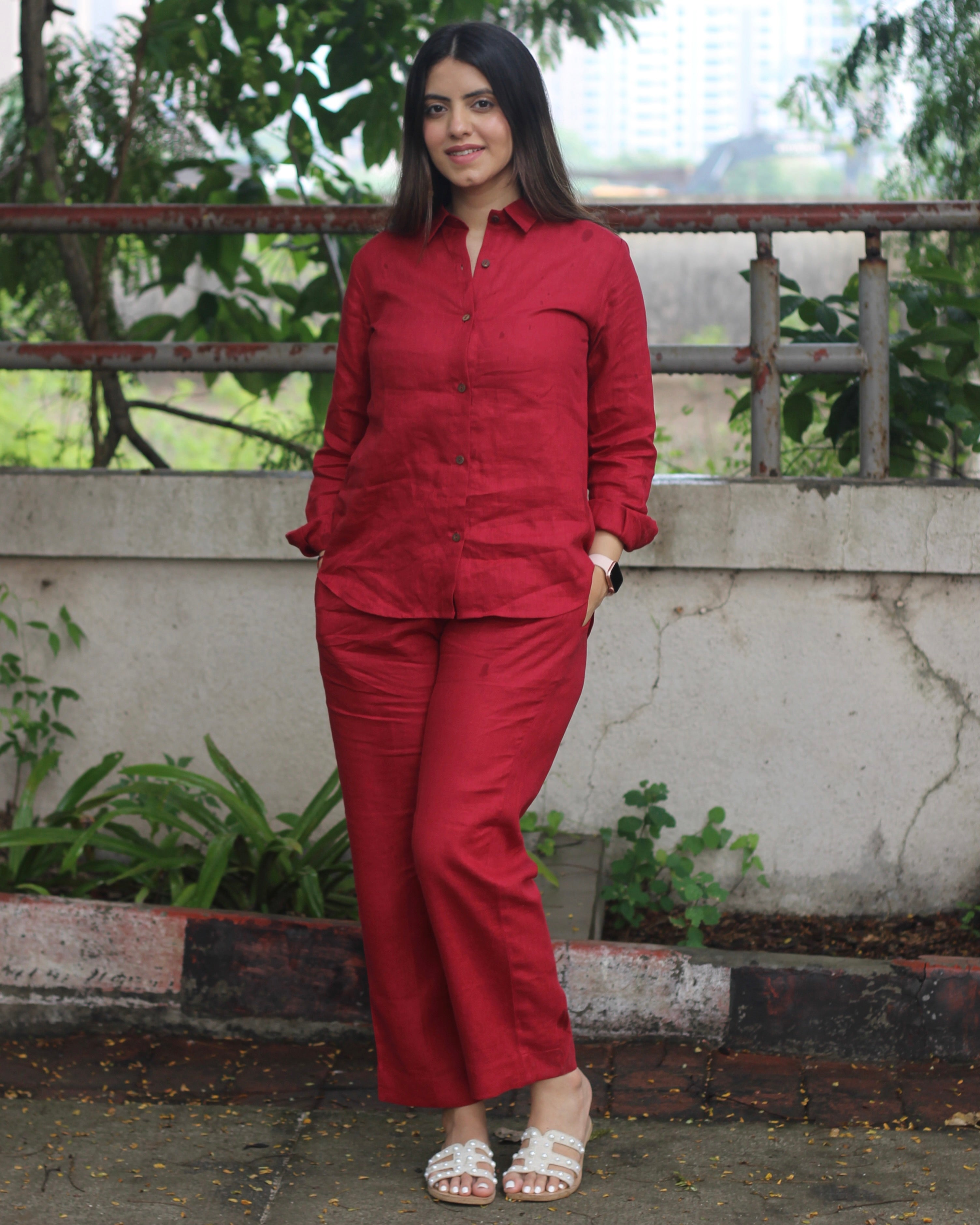 Bebo's Cherry Red Premium Linen Co-ord Set - Celebrity-Inspired Shirt and Pants, Chic and Affordable