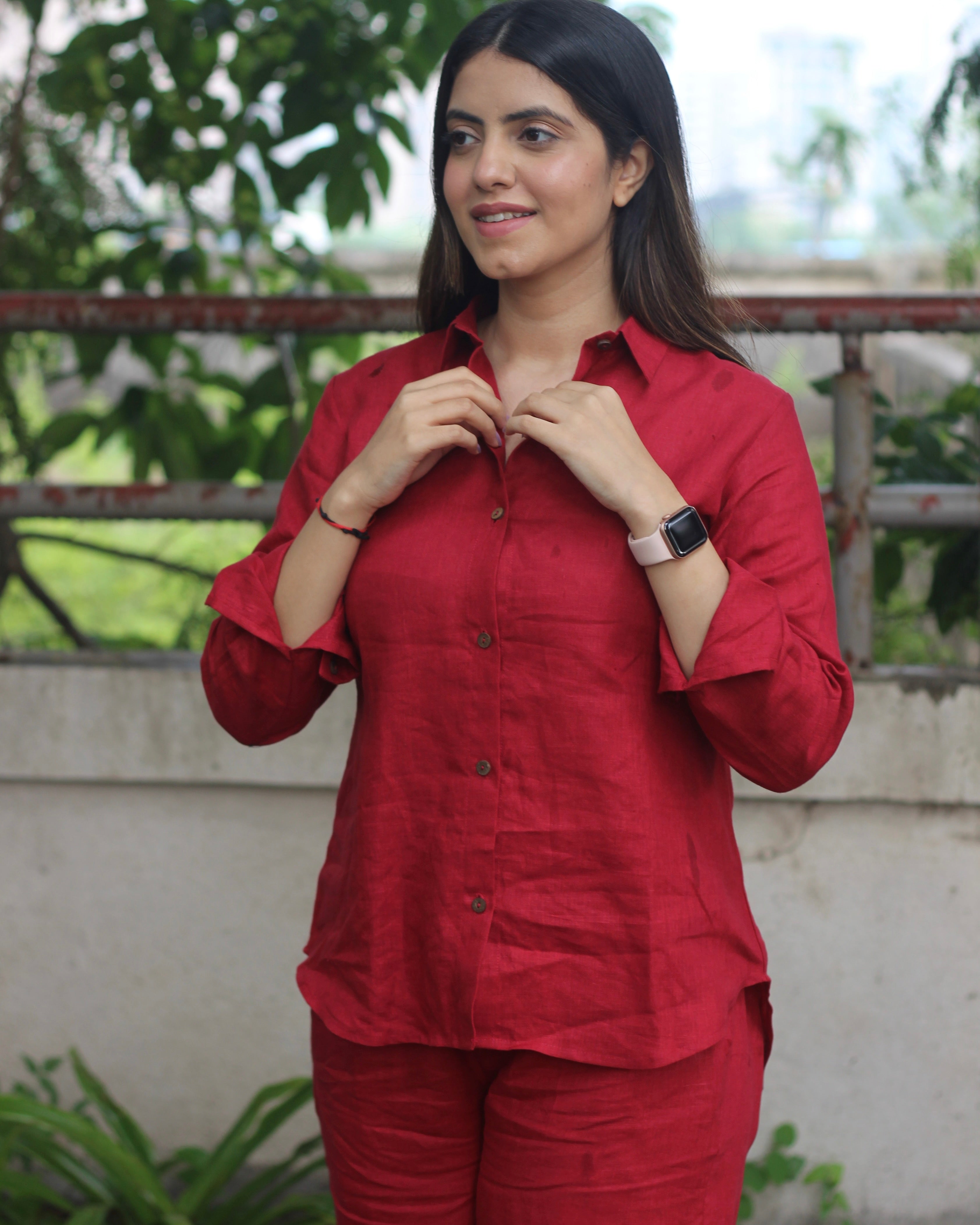 Bebo's Cherry Red Premium Linen Co-ord Set - Celebrity-Inspired Shirt and Pants, Chic and Affordable