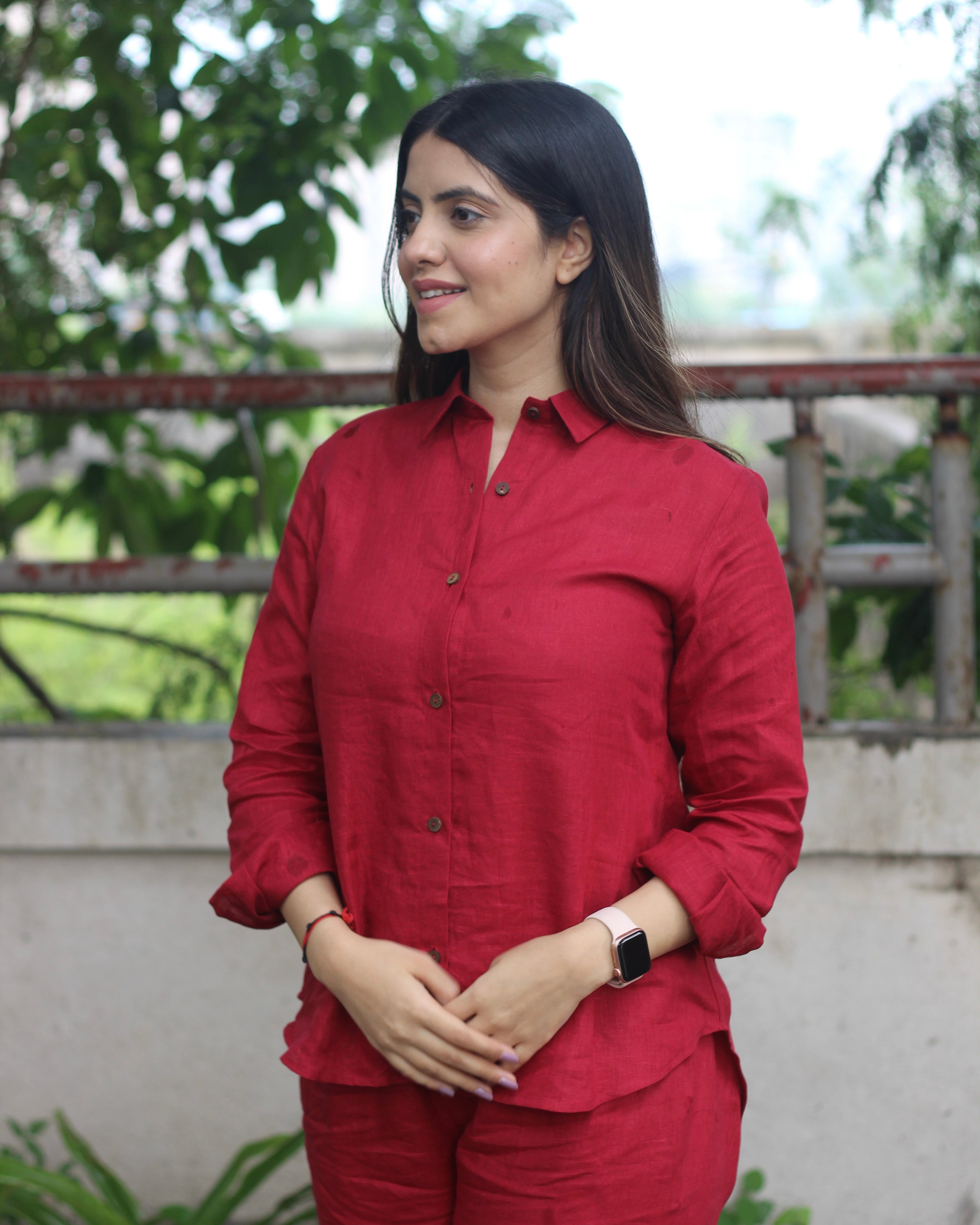 Bebo's Cherry Red Premium Linen Co-ord Set - Celebrity-Inspired Shirt and Pants, Chic and Affordable