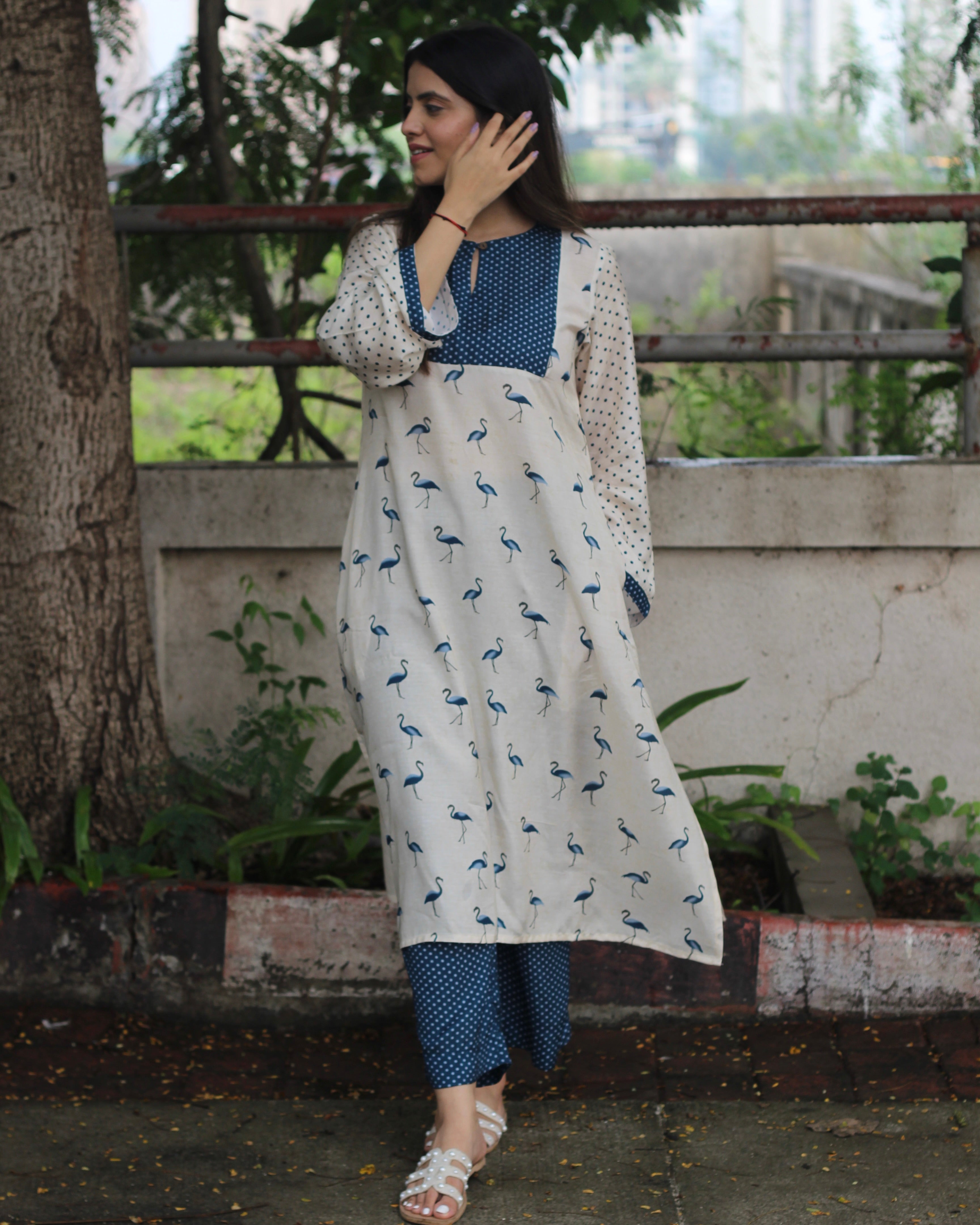 Ivory & Blue Harmony Pure Muslin Kurta Pant Set - Long Kurta with Neck and Sleeve Details, Pockets, and Palazzo-Style Pants
