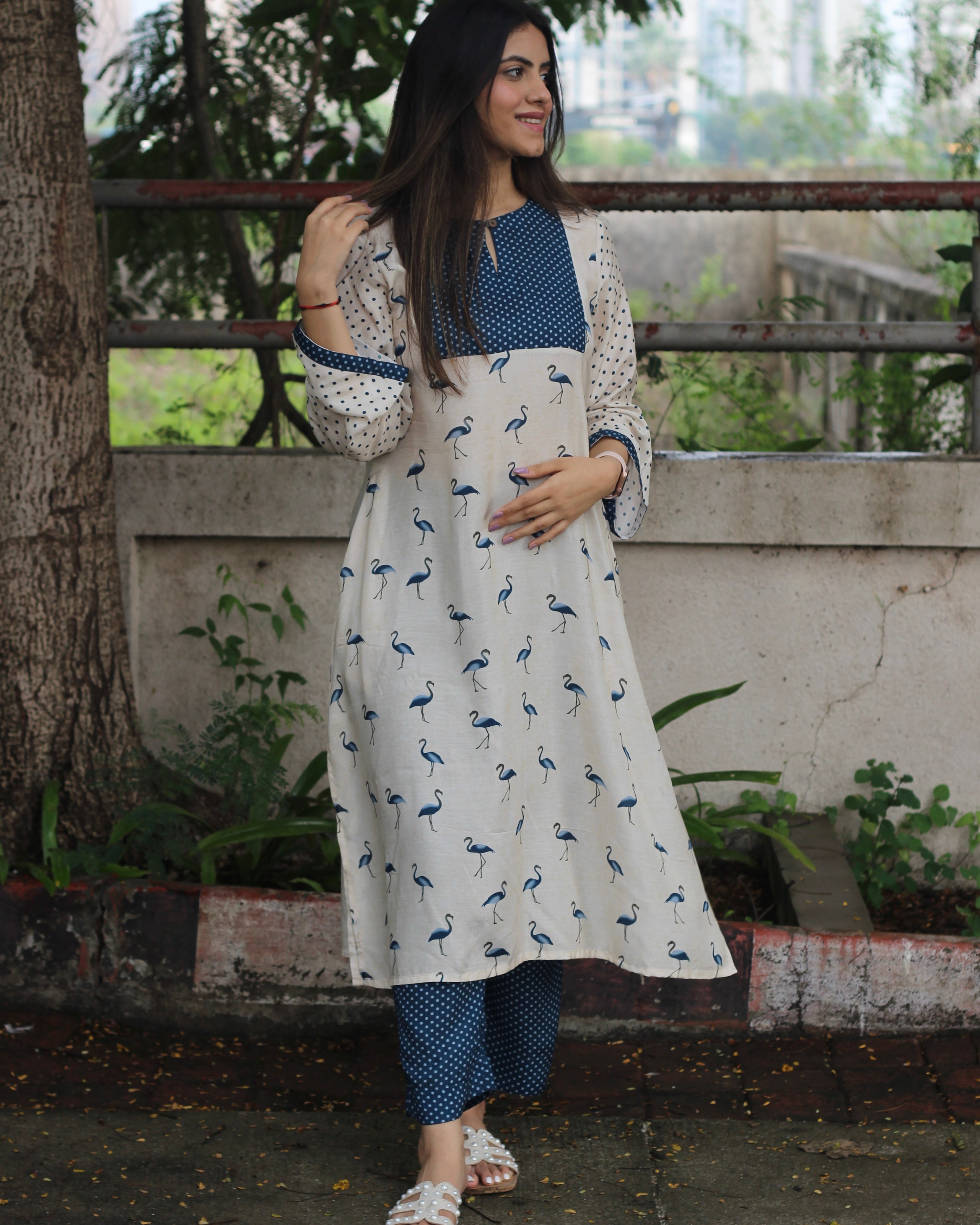 Ivory & Blue Harmony Pure Muslin Kurta Pant Set - Long Kurta with Neck and Sleeve Details, Pockets, and Palazzo-Style Pants

