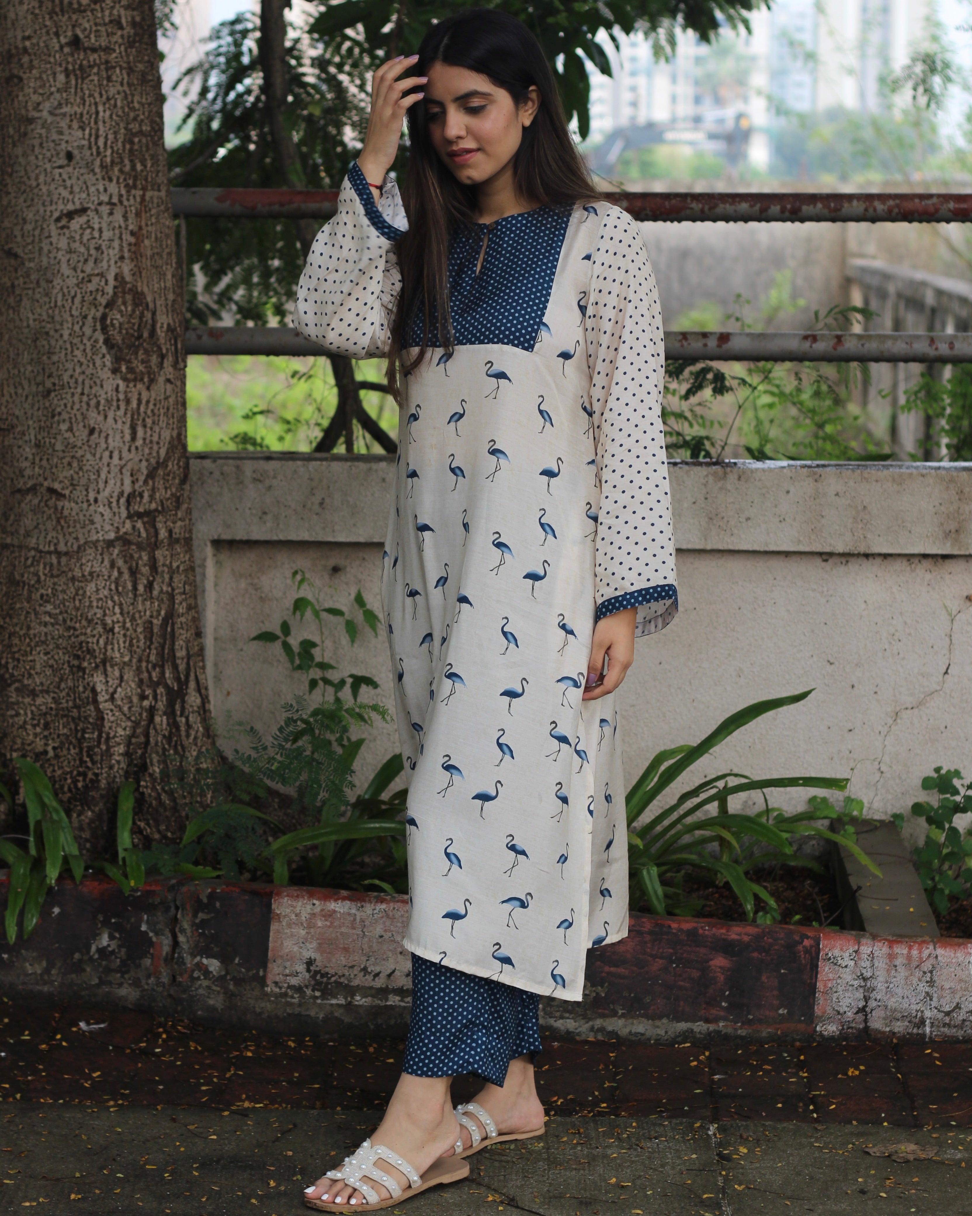  Ivory & Blue Harmony Pure Muslin Kurta Pant Set - Long Kurta with Neck and Sleeve Details, Pockets, and Palazzo-Style Pants
