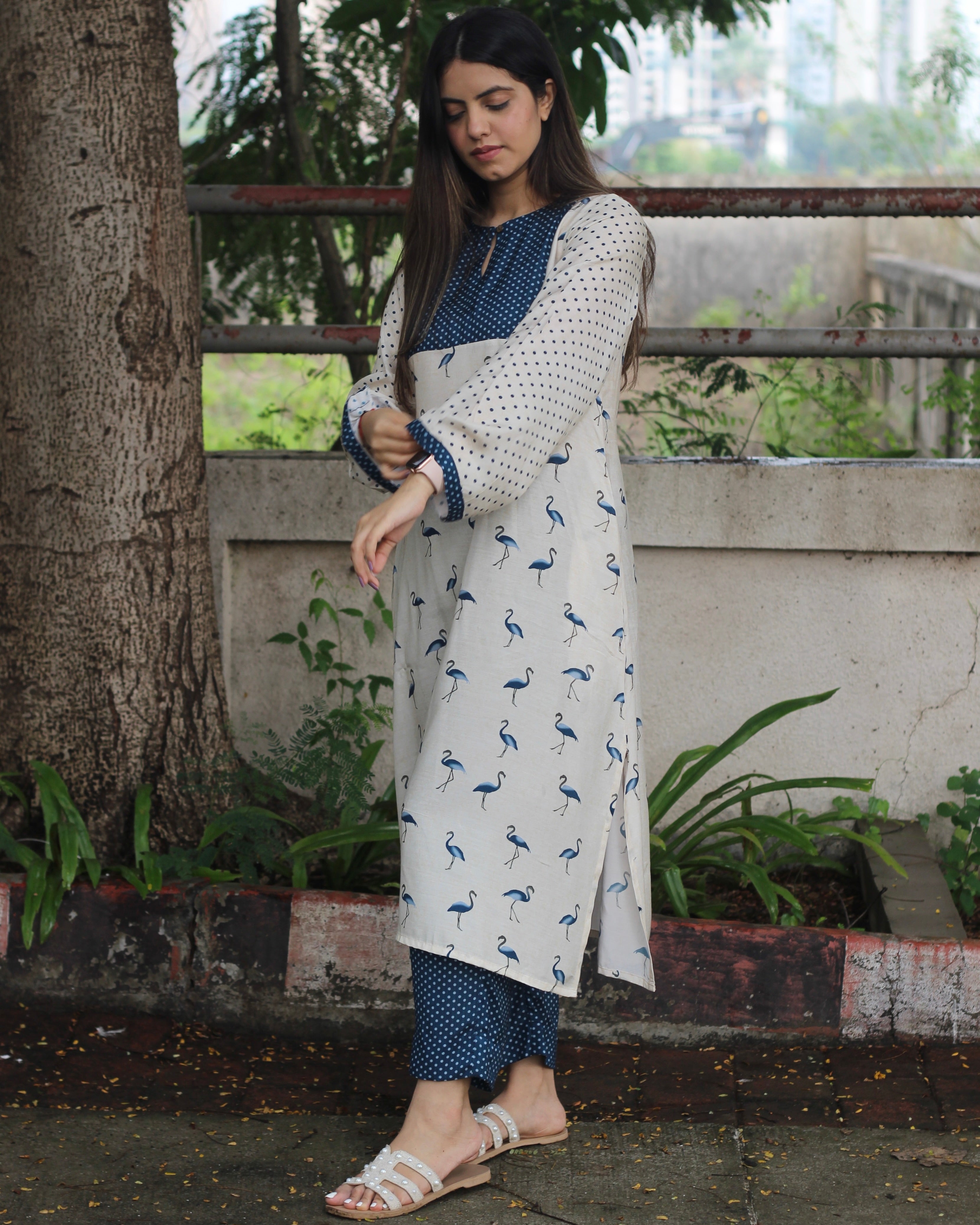 Ivory & Blue Harmony Pure Muslin Kurta Pant Set - Long Kurta with Neck and Sleeve Details, Pockets, and Palazzo-Style Pant