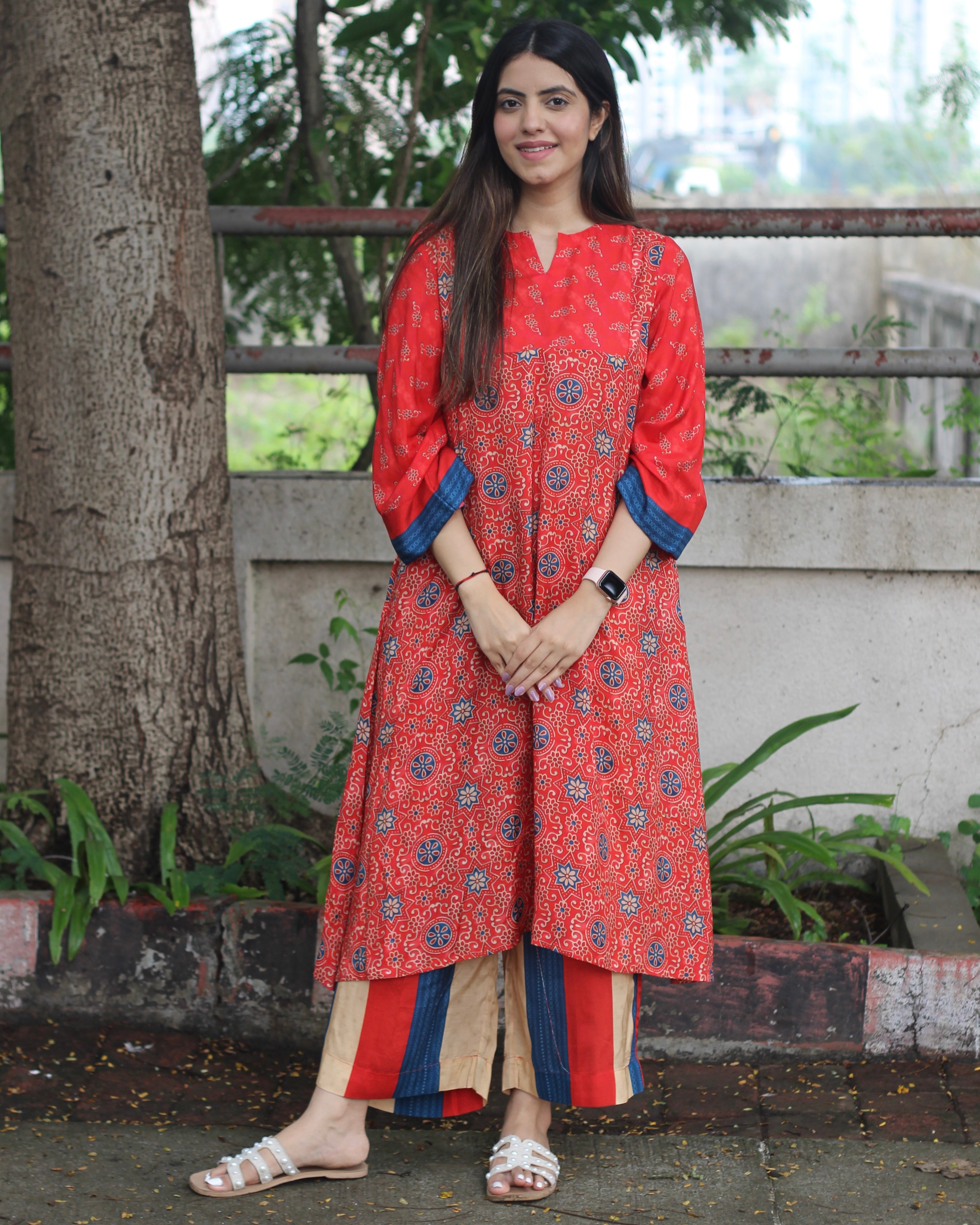 Vibrant Fusion Pure Muslin Kurta Pant Set - Red, Blue, and Off-Yellow Ajrakh Printed Kurta with Striped Palazzo Pants