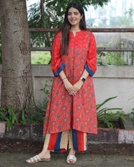 Vibrant Fusion Pure Muslin Kurta Pant Set - Red, Blue, and Off-Yellow Ajrakh Printed Kurta with Striped Palazzo Pants