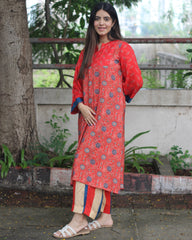 Vibrant Fusion Pure Muslin Kurta Pant Set - Red, Blue, and Off-Yellow Ajrakh Printed Kurta with Striped Palazzo Pants