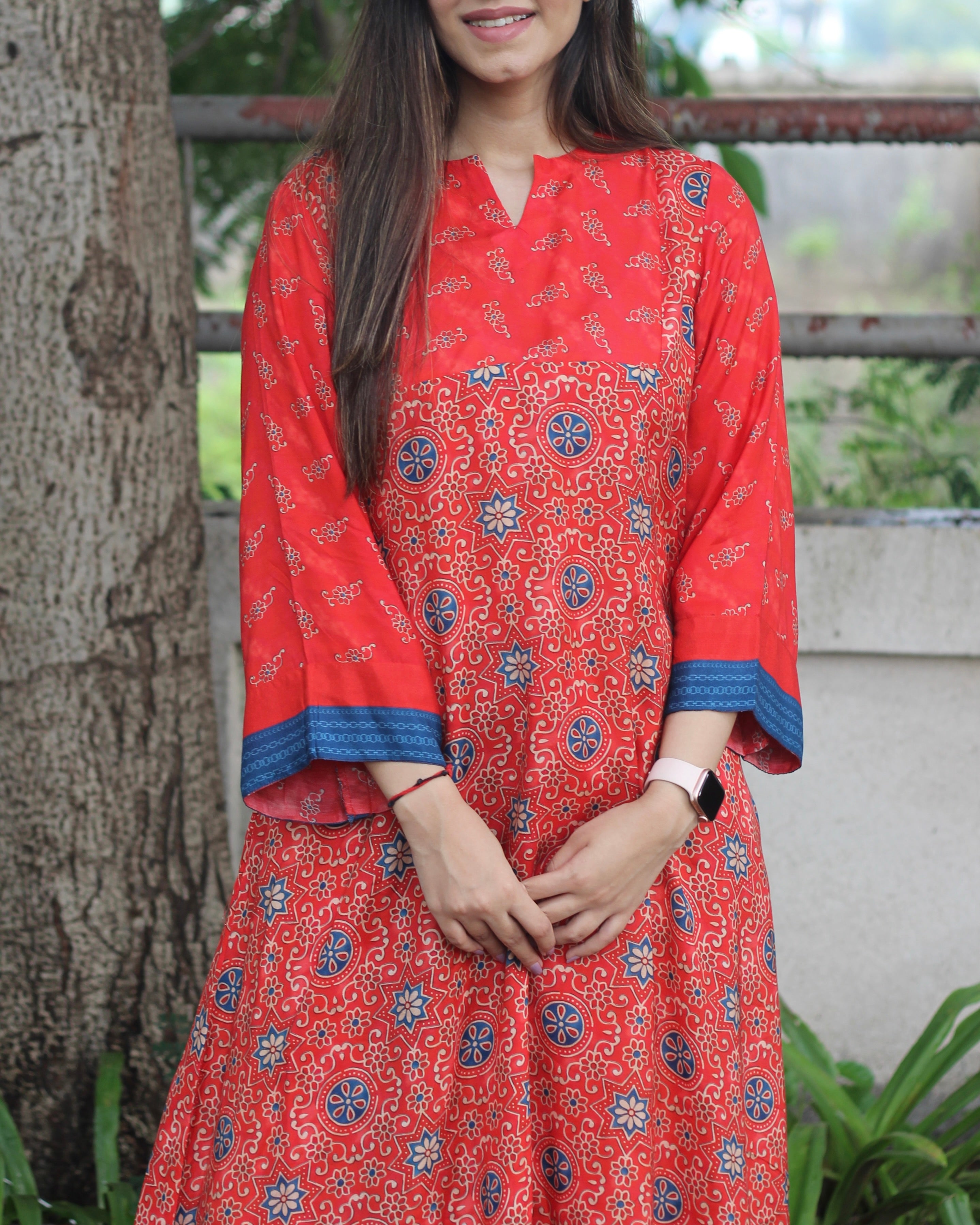 Vibrant Fusion Pure Muslin Kurta Pant Set - Red, Blue, and Off-Yellow Ajrakh Printed Kurta with Striped Palazzo Pants

