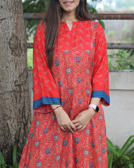 Vibrant Fusion Pure Muslin Kurta Pant Set - Red, Blue, and Off-Yellow Ajrakh Printed Kurta with Striped Palazzo Pants

