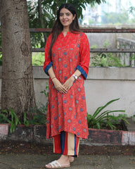 Vibrant Fusion Pure Muslin Kurta Pant Set - Red, Blue, and Off-Yellow Ajrakh Printed Kurta with Striped Palazzo Pants

