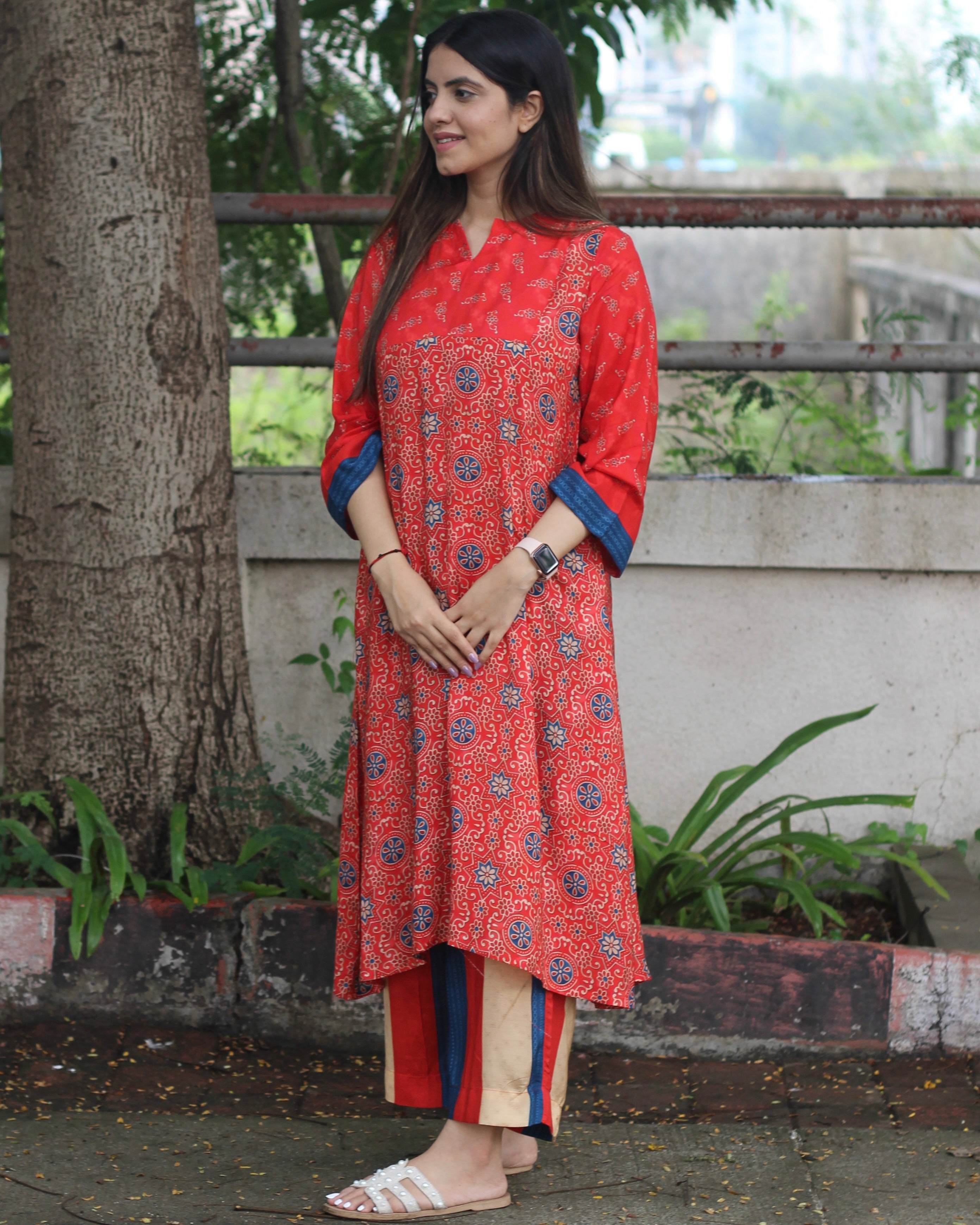 Vibrant Fusion Pure Muslin Kurta Pant Set - Red, Blue, and Off-Yellow Ajrakh Printed Kurta with Striped Palazzo Pants