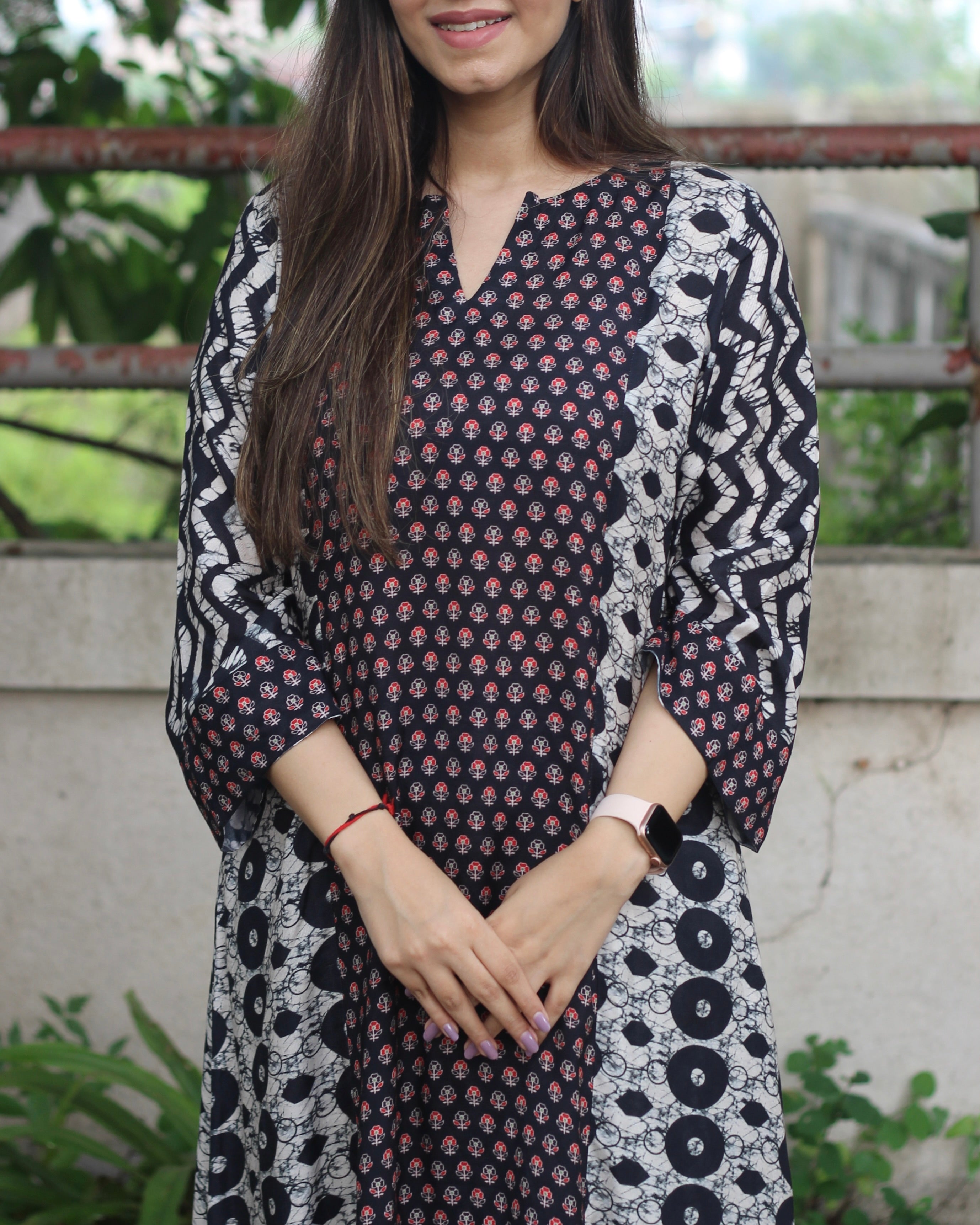 Monochrome Elegance Pure Muslin Kurta Pant Set - Black and Abstract Printed Kurta with Zigzag Sleeves and Palazzo Pants