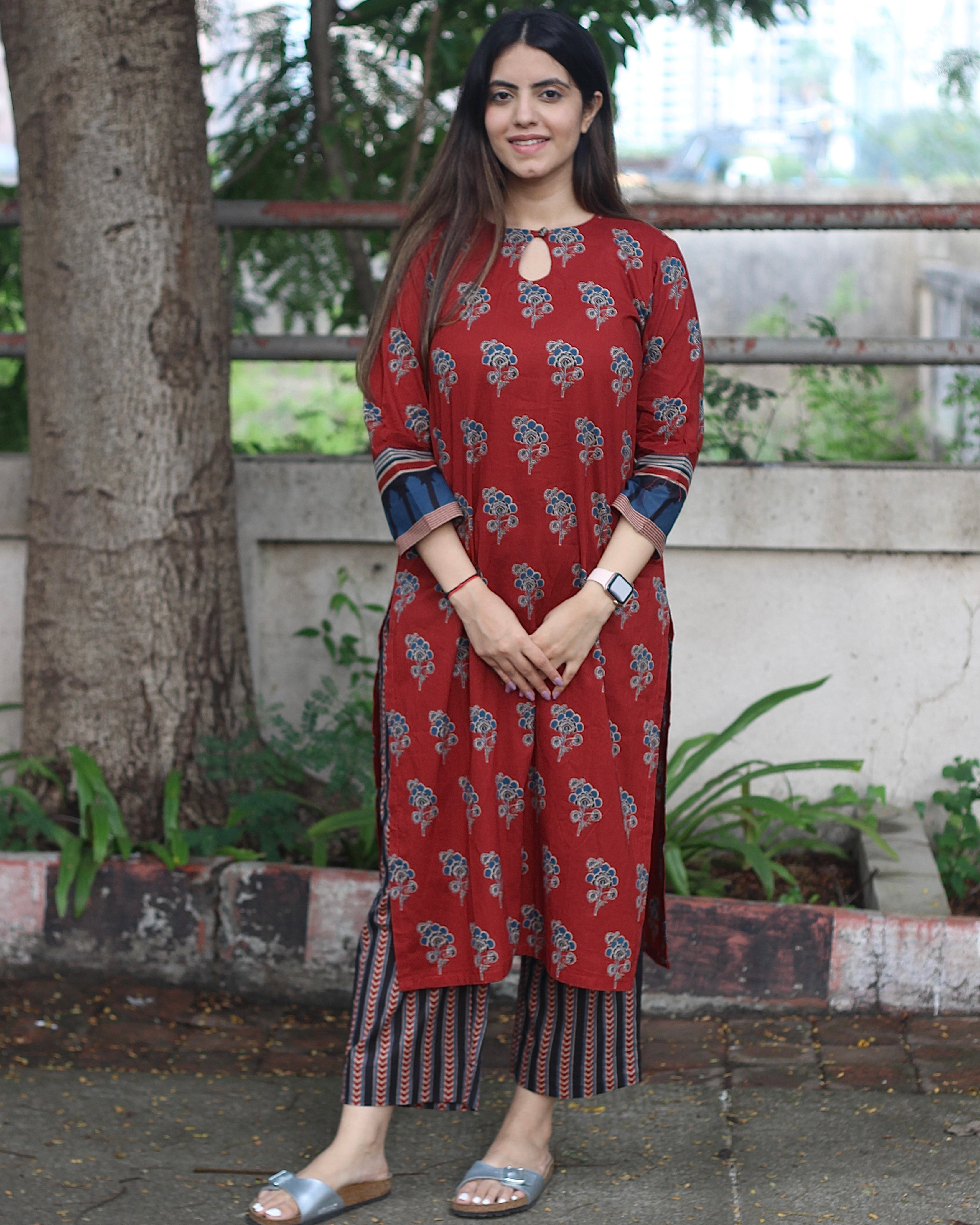 Crimson Bloom Handblock Pure Cotton Kurta - Red Kurta with Blue and Black Floral Print, Round Neck with Loop, 3/4 Sleeves, and Side Cut