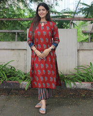 Crimson Bloom Handblock Pure Cotton Kurta - Red Kurta with Blue and Black Floral Print, Round Neck with Loop, 3/4 Sleeves, and Side Cut

