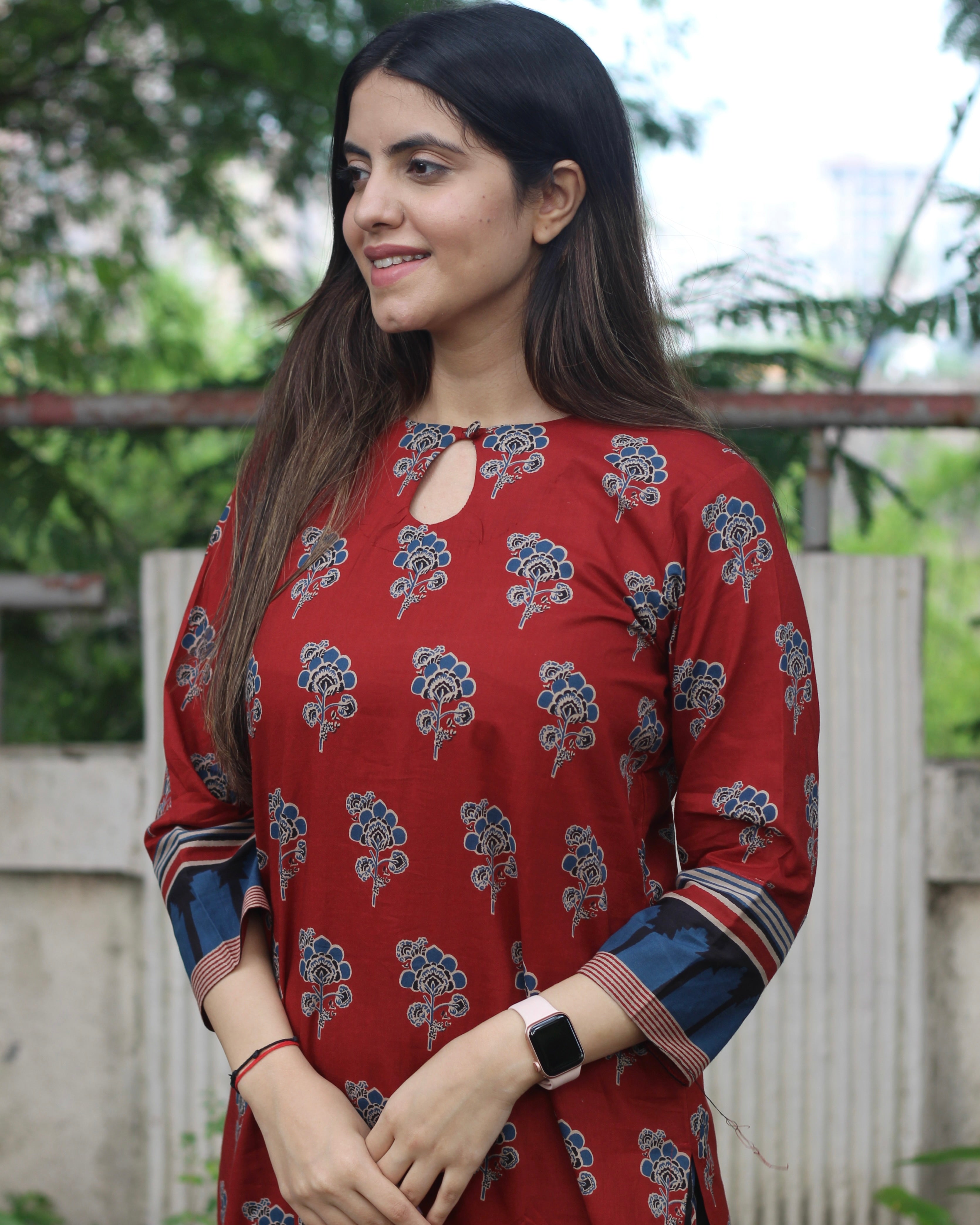 Crimson Bloom Handblock Pure Cotton Kurta - Red Kurta with Blue and Black Floral Print, Round Neck with Loop, 3/4 Sleeves, and Side Cut