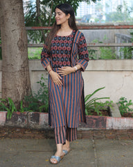 Striped Ajrakh cotton kurta in blue and black with neck and sleeve detailing