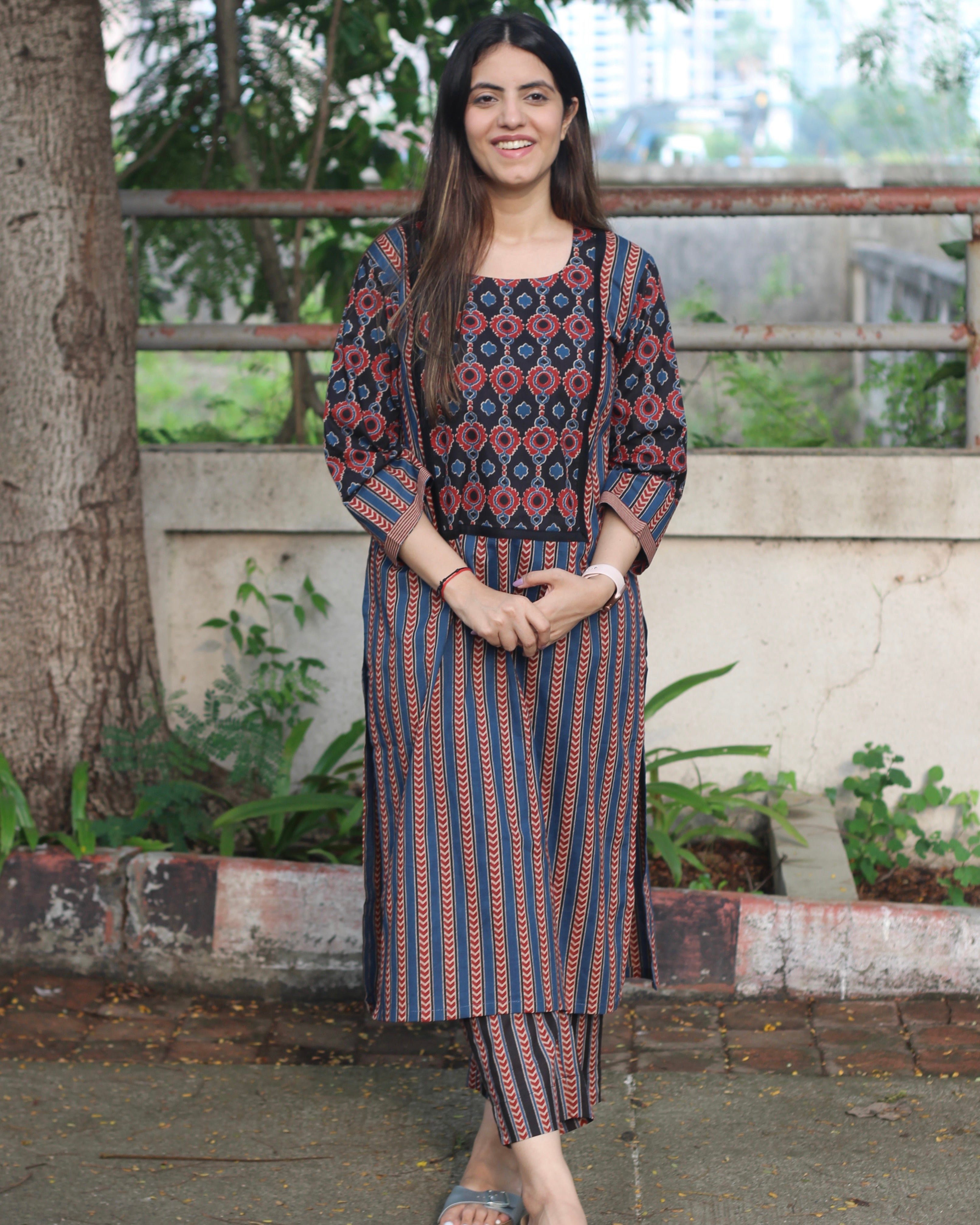 Striped Ajrakh cotton kurta in blue and black with neck and sleeve detailing