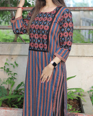 Striped Ajrakh cotton kurta in blue and black with neck and sleeve detailing