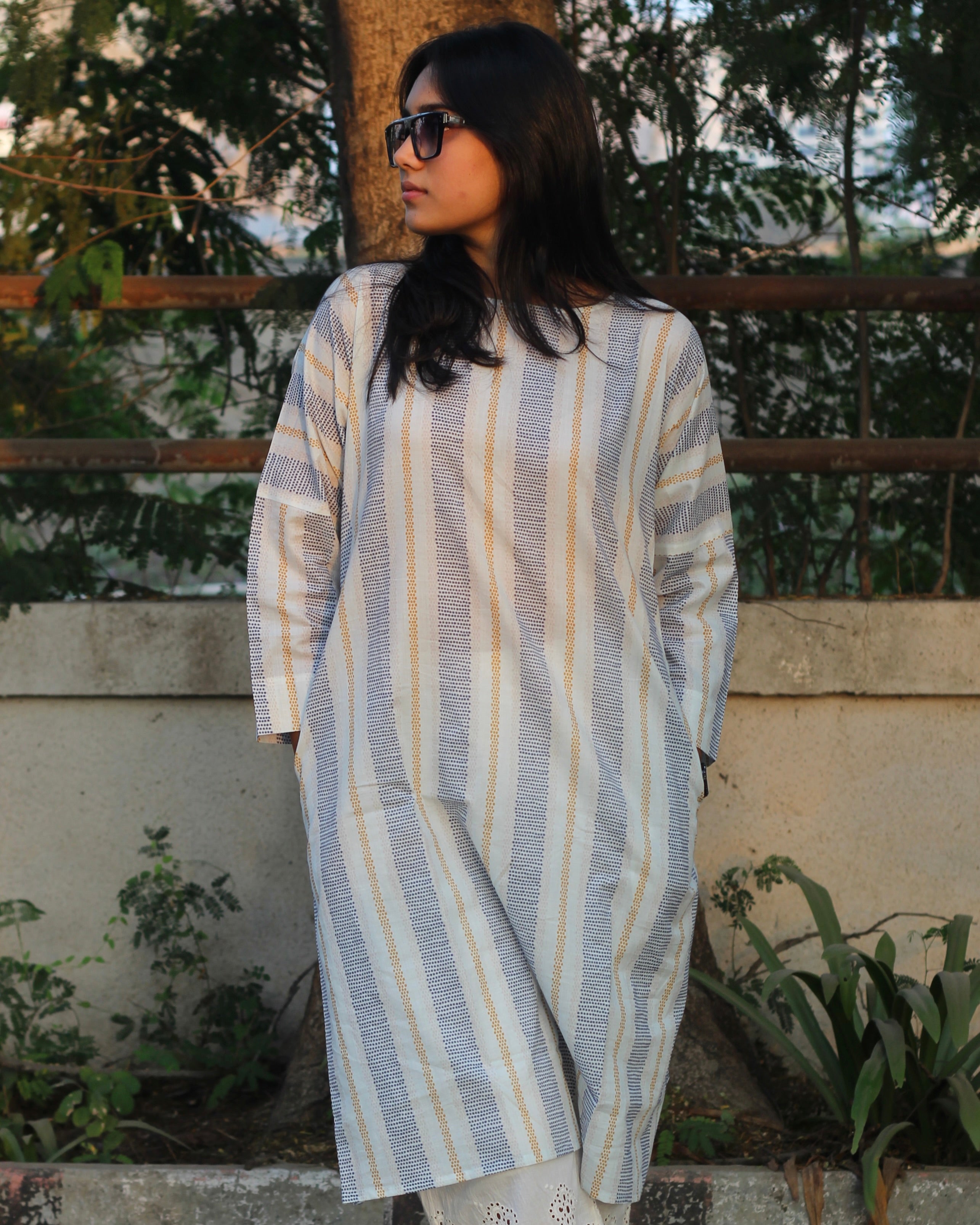 Blue and yellow premium cotton long kurta with stripes, closed neck, and pockets