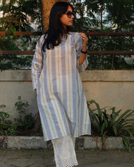 Blue and yellow premium cotton long kurta with stripes, closed neck, and pockets