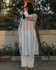 Blue and yellow premium cotton long kurta with stripes, closed neck, and pockets